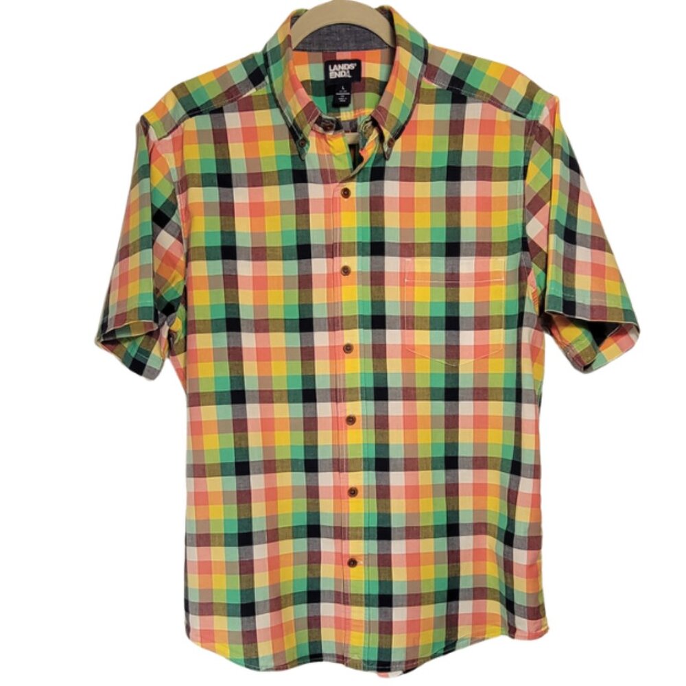 Lands End Traditional Fit Button Down Rainbow Check Cotton Preppy Shirt Size L